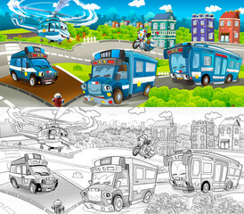 Obraz na płótnie Canvas Cartoon sketch stage with different machines for police duty