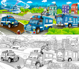 Cartoon sketch stage with different machines for police duty