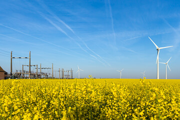 Green power  and renewable energy - wind turbine generators and electrical substation in the yellow...