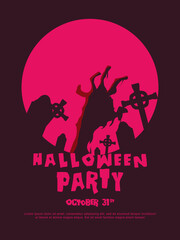 Halloween  background with tombstone, pumpkin, haunted house and full moon. Flyer or invitation template for Halloween party. silhouette Vector illustration.