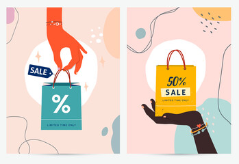 Vector set of posters for buying, selling, shopping. Female hands hold colorful bags for shopping or gifts. Sales sign. Different percentages. Illustrations for a poster, banner, or postcard.