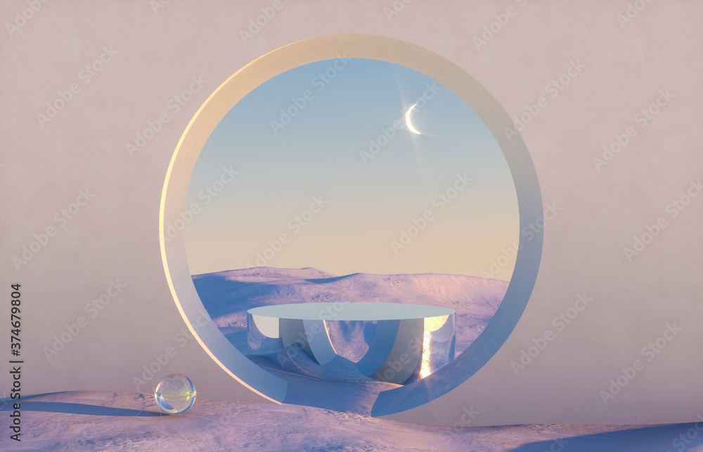 Poster abstract winter scene with geometrical forms, arch with a podium in natural light. surreal backgroun