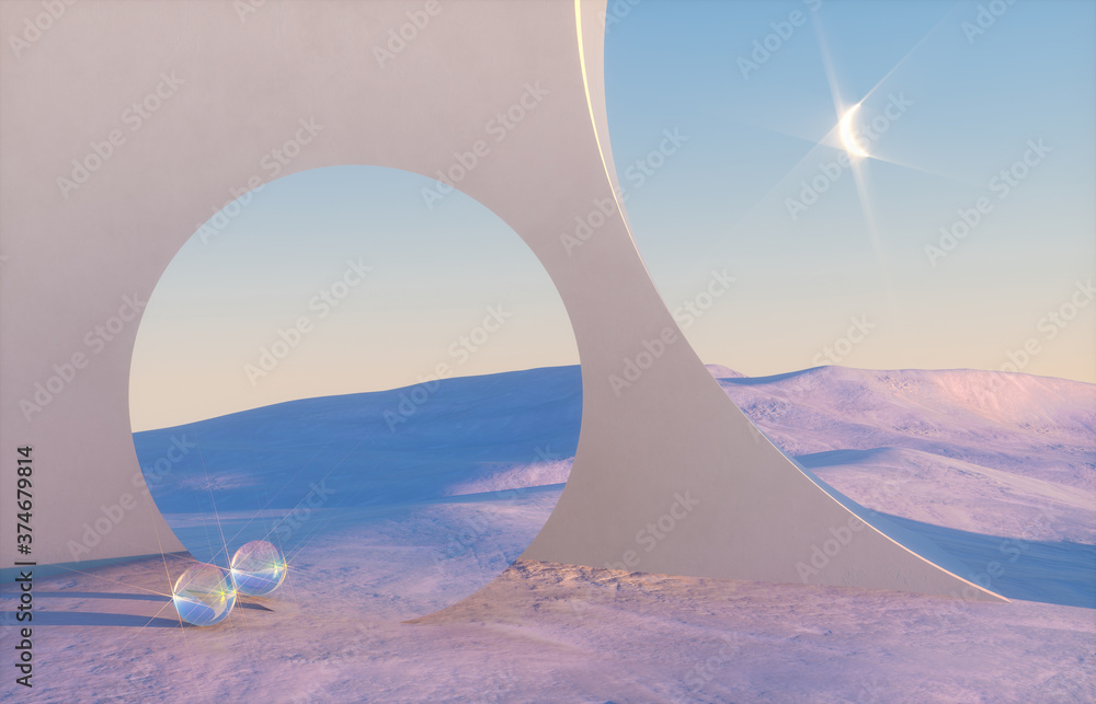 Aufkleber abstract winter scene with geometrical forms, arch with a podium in natural light. surreal backgroun
