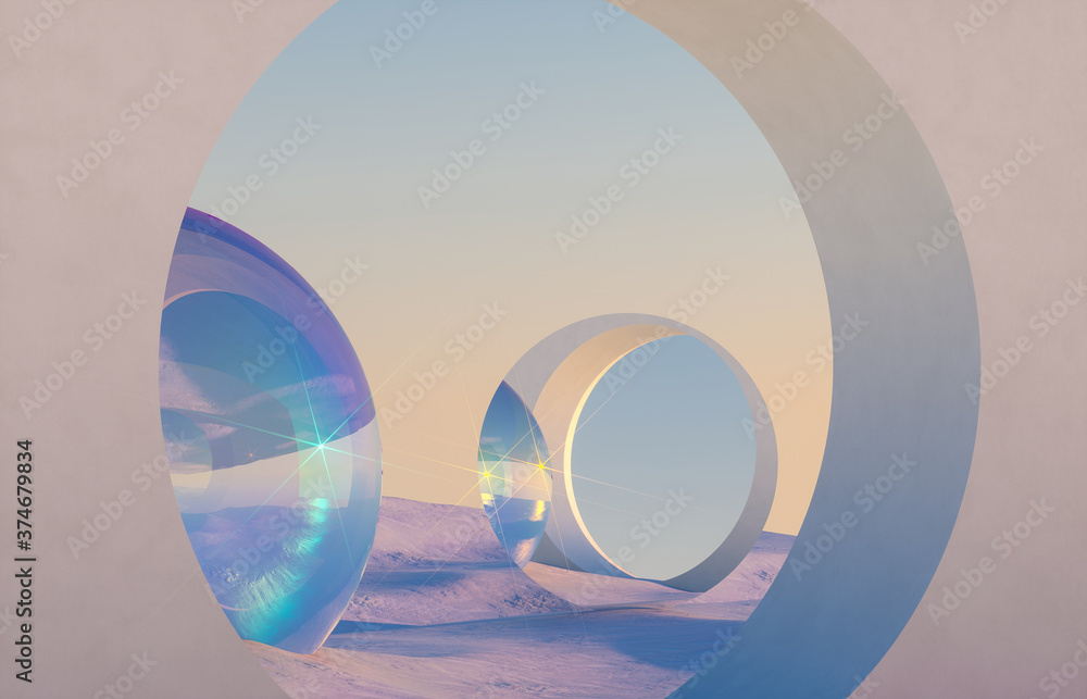 Poster abstract winter scene with geometrical forms, arch with a podium in natural light. surreal backgroun