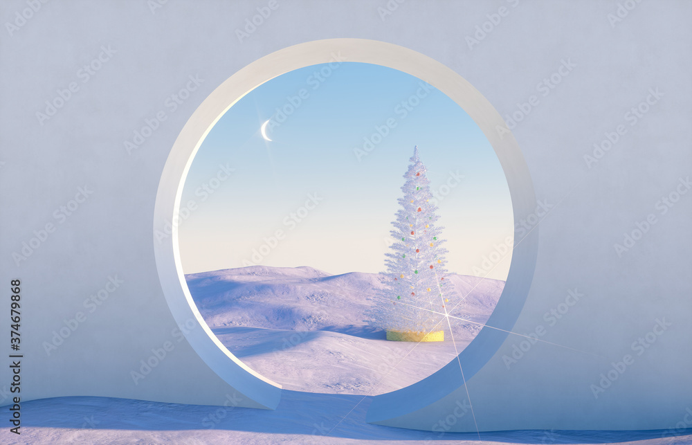 Poster abstract winter scene with geometrical forms, arch with a podium in natural light. surreal backgroun