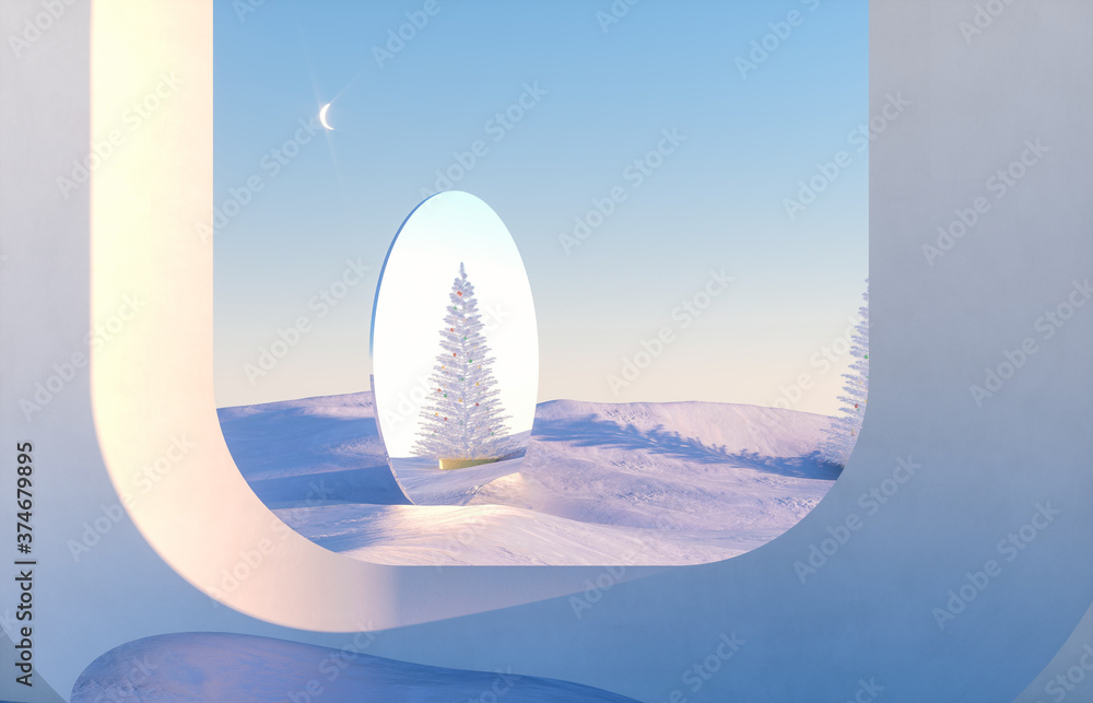 Poster abstract winter scene with geometrical forms, arch with a podium in natural light. surreal backgroun