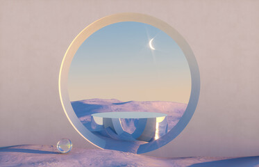 Abstract winter scene with geometrical forms, arch with a podium in natural light. surreal background. 3D render.