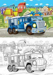cartoon sketch scene with police truck on the street - illustration