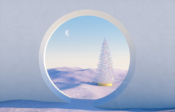 Abstract winter scene with geometrical forms, arch with a podium in natural light. surreal background. 3D render.