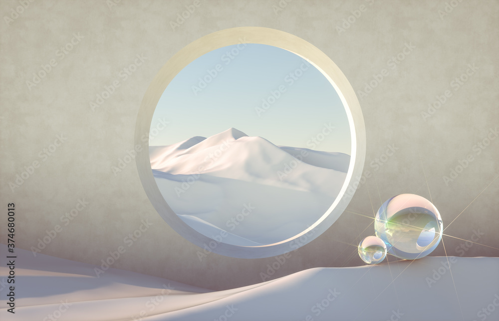 Poster abstract winter scene with geometrical forms, arch with a podium in natural light. surreal backgroun