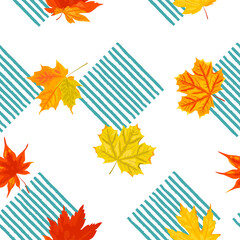 Seamless pattern with autumn leaves and hand drawn stripes. Vector illustration.