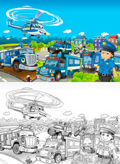 Obraz na płótnie Canvas Cartoon sketch stage with different machines for police duty