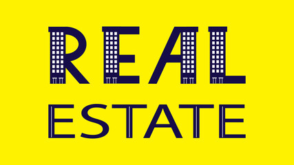 Real Estate inscription with letters in the form of buildings, vector template, flat design.
