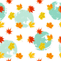 Seamless pattern with autumn leaves, hand drawn rounds. Vector illustration.