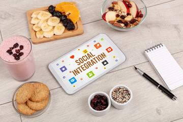 Healthy Tablet Pc compostion with SOCIAL INTEGRATION inscription, Social networking concept