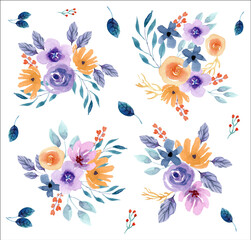  Purple and Yellow Floral Watercolor Arrangements Vector Set