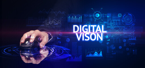 hand holding wireless peripheral with DIGITAL VISON inscription, modern technology concept