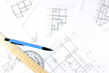 Architectural project on a white sheet of paper .Technical drawing background.Engineering design .