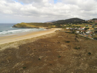 Beautiful beach of surf in Pantin. Galicia,Spain. Aerial Drone Photo.