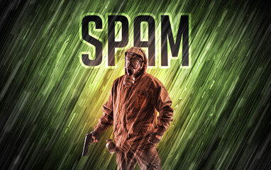 Mysterious man with SPAM inscription, online security concept
