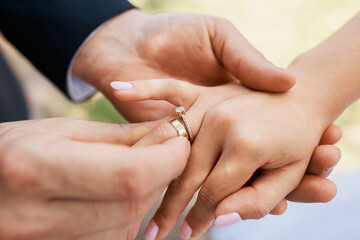 Wedding couple exchanging wedding rings. Wedding rings.