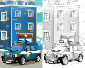 Cartoon sketch happy and funny police car - van - illustration