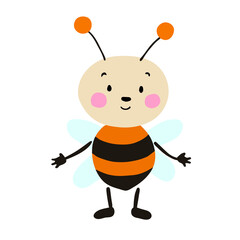 Vector illustration of a bee in a cute kind childish style. Hand drawn cartoon character of happy cheerful bee. The little bee is standing and smiling. 