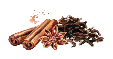 Heap of dry tea leaves with cinnamon and anise star. Hand drawn watercolor illustration isolated on white background