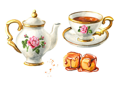 Teapot, cup of tea and Caramel set. Hand drawn watercolor illustration isolated on white background