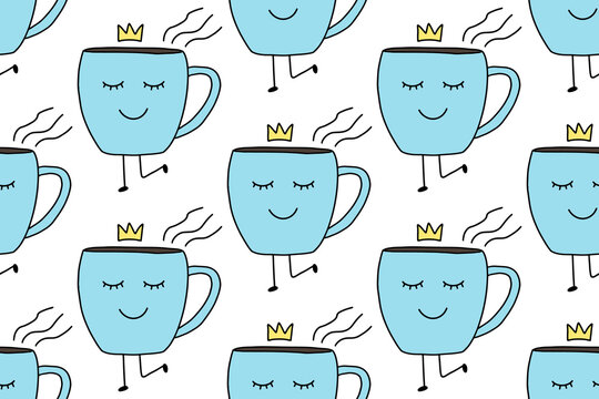 Cute cartoon Cup of coffee seamless pattern . Funny doodle cup character. Morning and breakfast concept. Vector illustration for your fabric, textile design, wrapping paper
