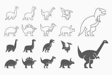 Dinosaurs Icons set - Vector outline symbols and silhouettes of triceratops, stegosaurus, tyrannosaurus and other animals of the Jurassic period for the site or interface © Pavel-reDesign