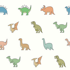 Dinosaurs - Vector color background (seamless pattern) of triceratops, stegosaurus, tyrannosaurus and other animals of the Jurassic period for graphic design