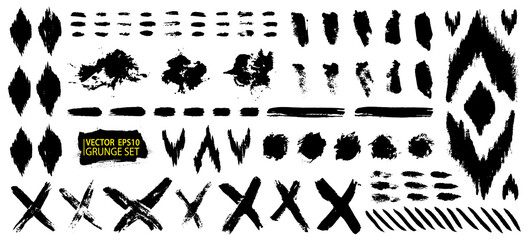 Grunge design elements set. Grunge shapes collection for patterns or backdrops. Grungy splatter. Paint stains. Quirky scribbles. Grungy ink spots and drops.