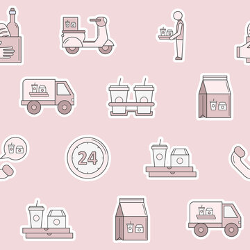 Food delivery - Vector color background (seamless pattern) of courier, truck, pizza, transportation, cart, scooter and other for graphic design
