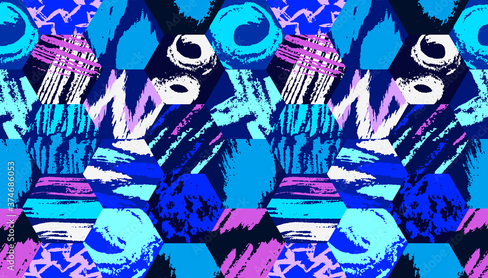 Poster grunge pattern. abstract hexagon grungy elements. quirky sketches fabric design. ink strokes. paint 