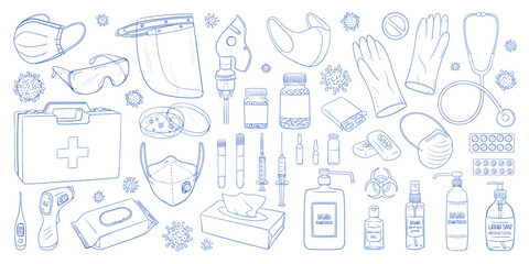 Covid-19 doodles set. Coronavirus protection and treatment. Medical equipment. Face mask, sterile gloves. Syringe, drugs, thermometer. Hand sanitizer and soap.