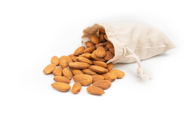 Nuts almonds in a bag on a white background