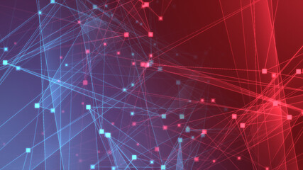 Abstract red blue polygon tech network with connect technology background. Abstract dots and lines texture background. 3d rendering.