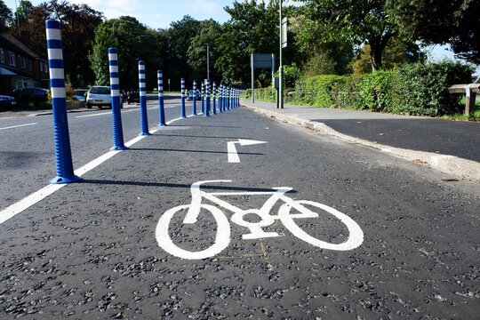 Separated Lane Dedicated For Cycling On A Busy Road In Watford, Hertfordshire, UK