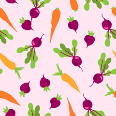 Seamless hand drawn beetroot and carrot vector pattern in cartoon style. Vegetable pattern. Bright beet and carrot background. 