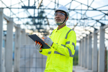 Civil engineer checking work with clipboard in progress of construction project at construction site.