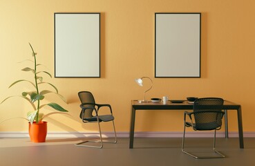 Mock up posters 2A0 size, modern minimalistic room with table and chairs, 3d illustration, 3d render
