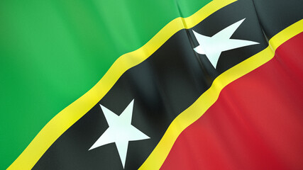 The flag of Saint Kitts and Nevis. Waving silk flag of Saint Kitts and Nevis. High quality render. 3D illustration