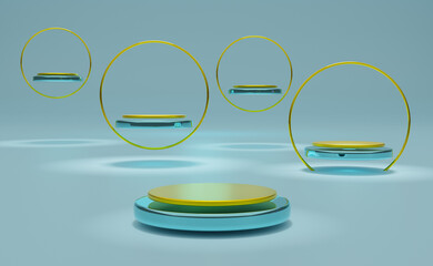 Podium empty with geometric shapes  in sky blue pastel composition for modern stage display and minimalist mockup ,abstract showcase background ,Concept 3d illustration or 3d render