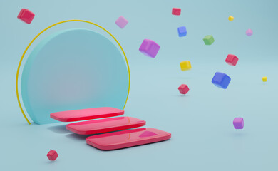 Podium empty with colorful geometric shapes  in sky blue pastel composition for modern stage display and minimalist mockup ,abstract showcase background ,Concept 3d illustration or 3d render