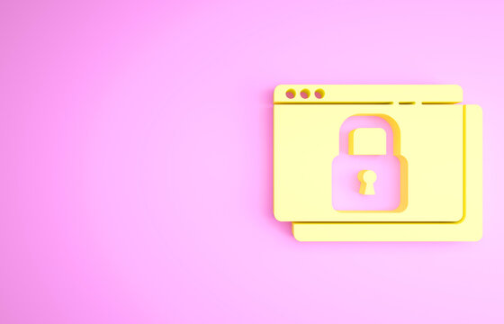 Yellow Secure your site with HTTPS, SSL icon isolated on pink background. Internet communication protocol. Minimalism concept. 3d illustration 3D render.