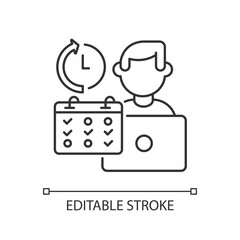 Part time job linear icon. Shift work, flexible schedule thin line customizable illustration. Contour symbol. Office worker with calendar vector isolated outline drawing. Editable stroke