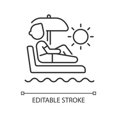 Vacation leave linear icon. Taking break from work thin line customizable illustration. Contour symbol. Employee sunbathing. Relaxing businessman vector isolated outline drawing. Editable strokes