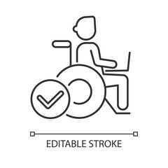 Inclusive job linear icon. Company policy, personnel diversity thin line customizable illustration. Contour symbol. Freelancer in wheelchair vector isolated outline drawing. Editable stroke