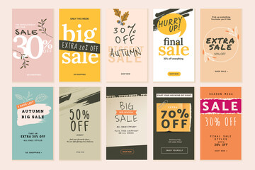 Set of mobile sale banners. Autumn sale. Vector illustrations for website and mobile banners, print material, newsletter designs, coupons, marketing.